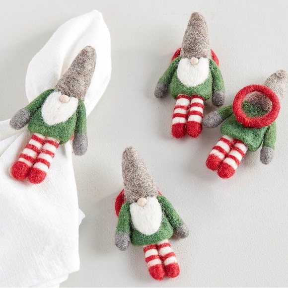 Pottery Barn Other - Pottery Barn Adorably Cute Gnome Handcrafted Wool Felt Napkin Rings - Set Of 4